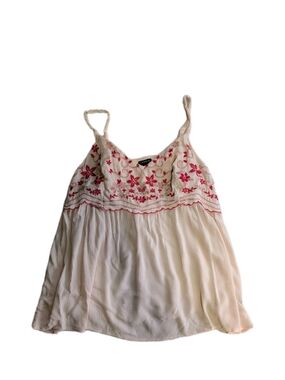 Torrid 0/ LG Embroidered Baby Doll Tank Cream And Red Adjustable Straps Boho